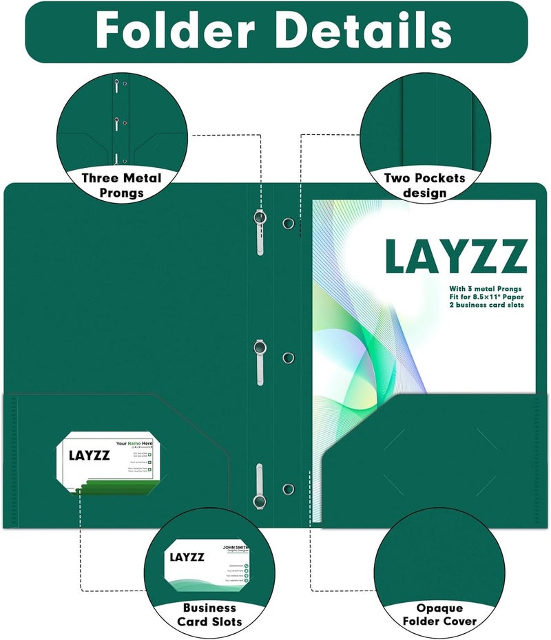 LAYZZ Plastic 2 Pocket Folders with Prongs, 30 Pack, Heavyweight, Letter Size Poly Folders with 3 Metal Prongs Fastener Clips (Green) - Image 3